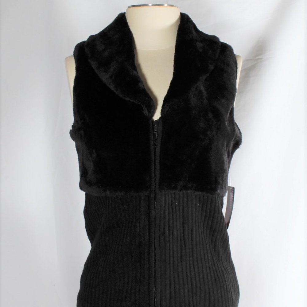 NWT Y2K 2000s-2010s Black Knit & Faux Fur Zip-Up Fashion Vest – Size XL Juniors